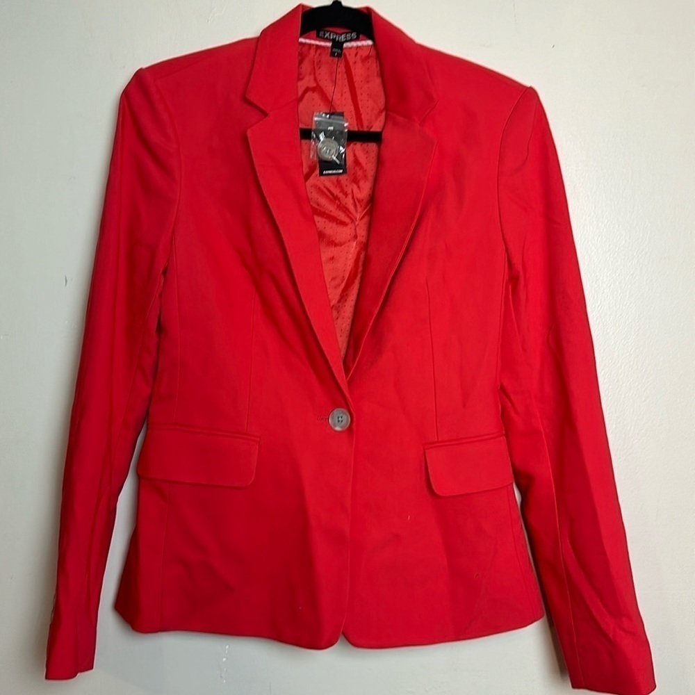 Express One Button Fitted Tailored Fit Blazer in Bright Poppy Red